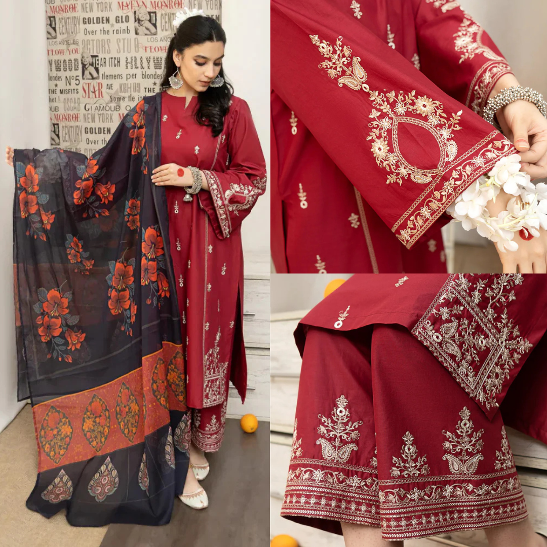 URGE CASUALLY WEAR EMBROIDERED DHANAK WOOL 3 PIECE