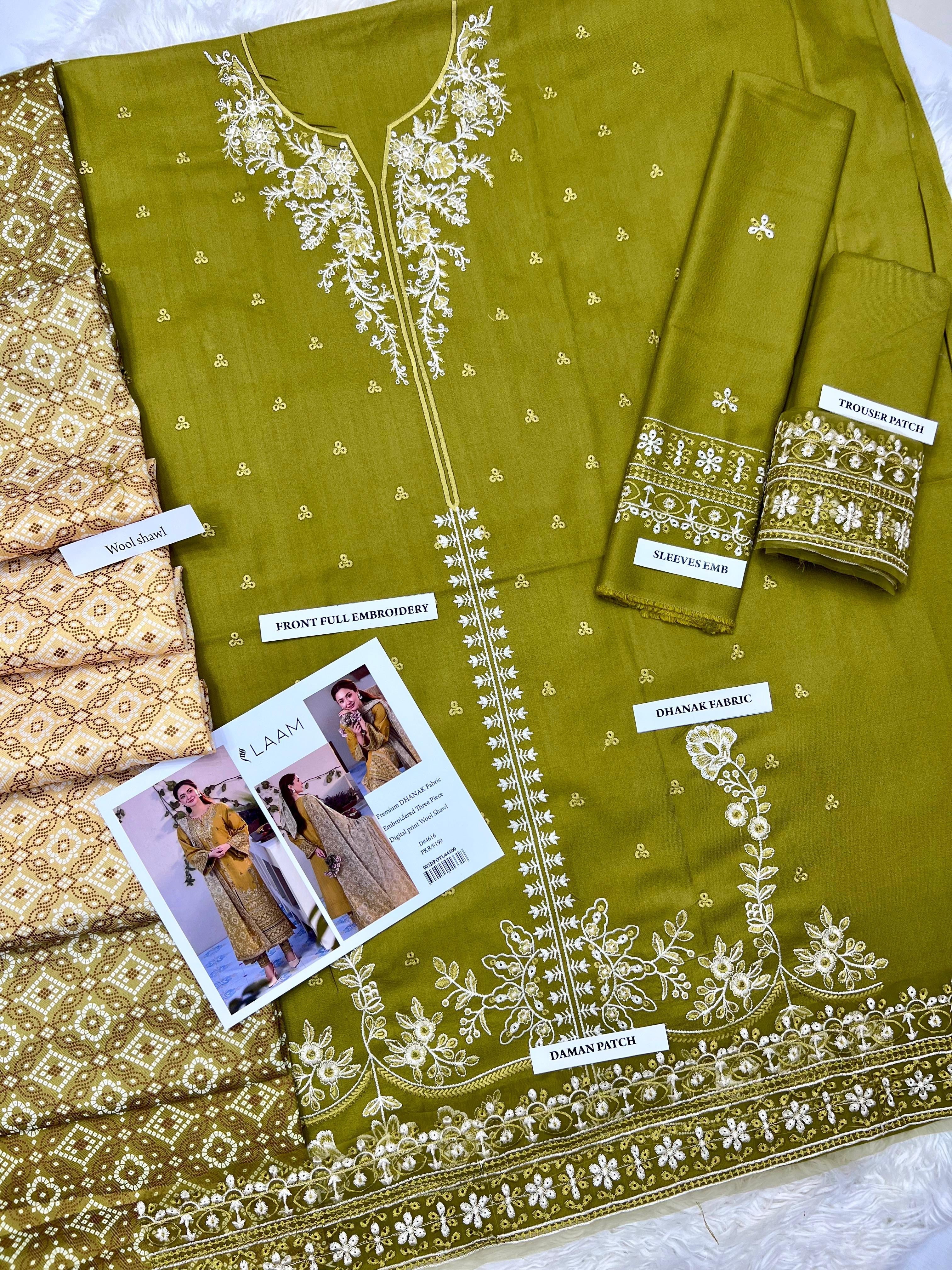 LUXURY EMBROIDERED DHANAK WOOL 3 PIECE LAAM BRAND 4616 YSN